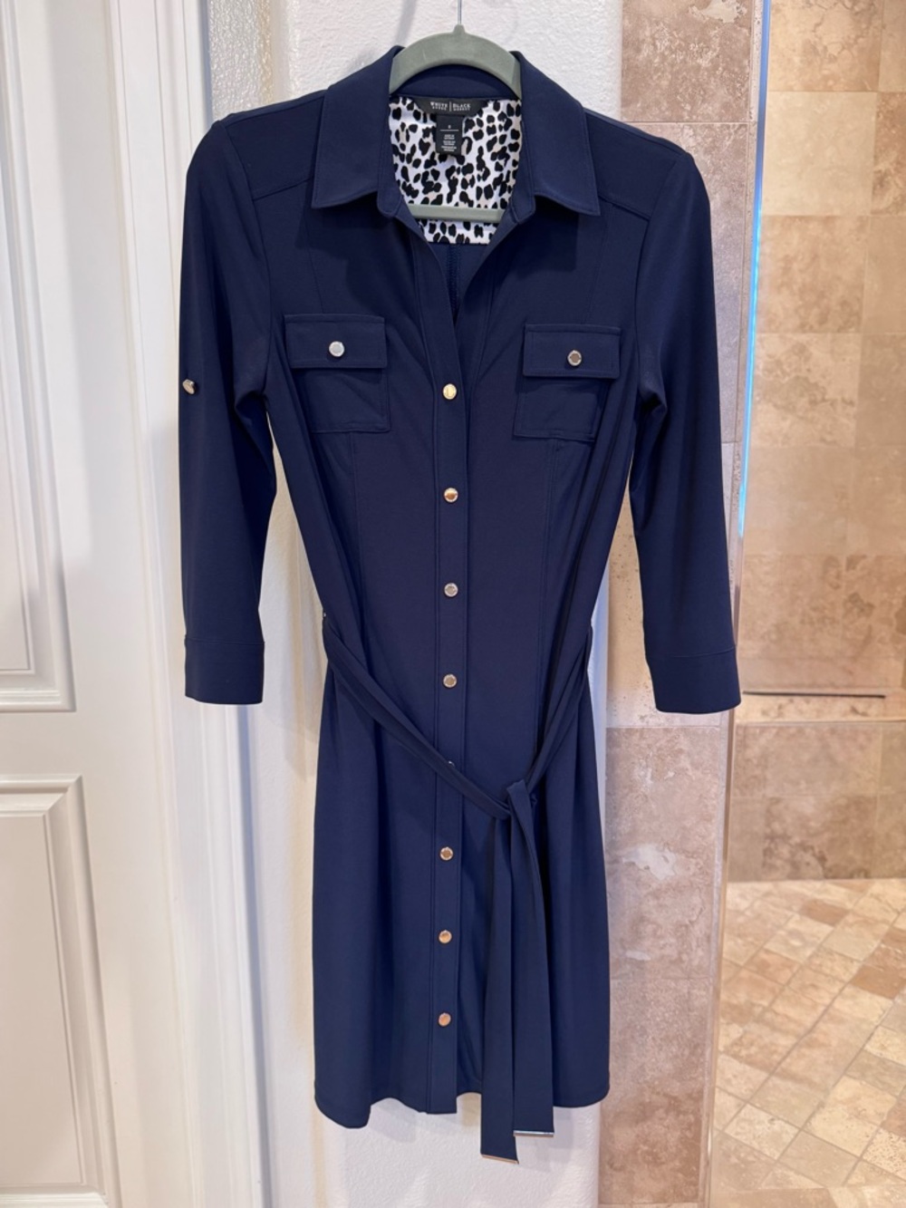 White House Black Market Navy Midi Shirt Dress with Tie Belt